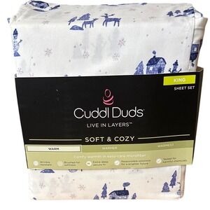 Cuddl Duds Microfiber Sheet Set King Blue Winter Village Snowmen Warm Gift NEW